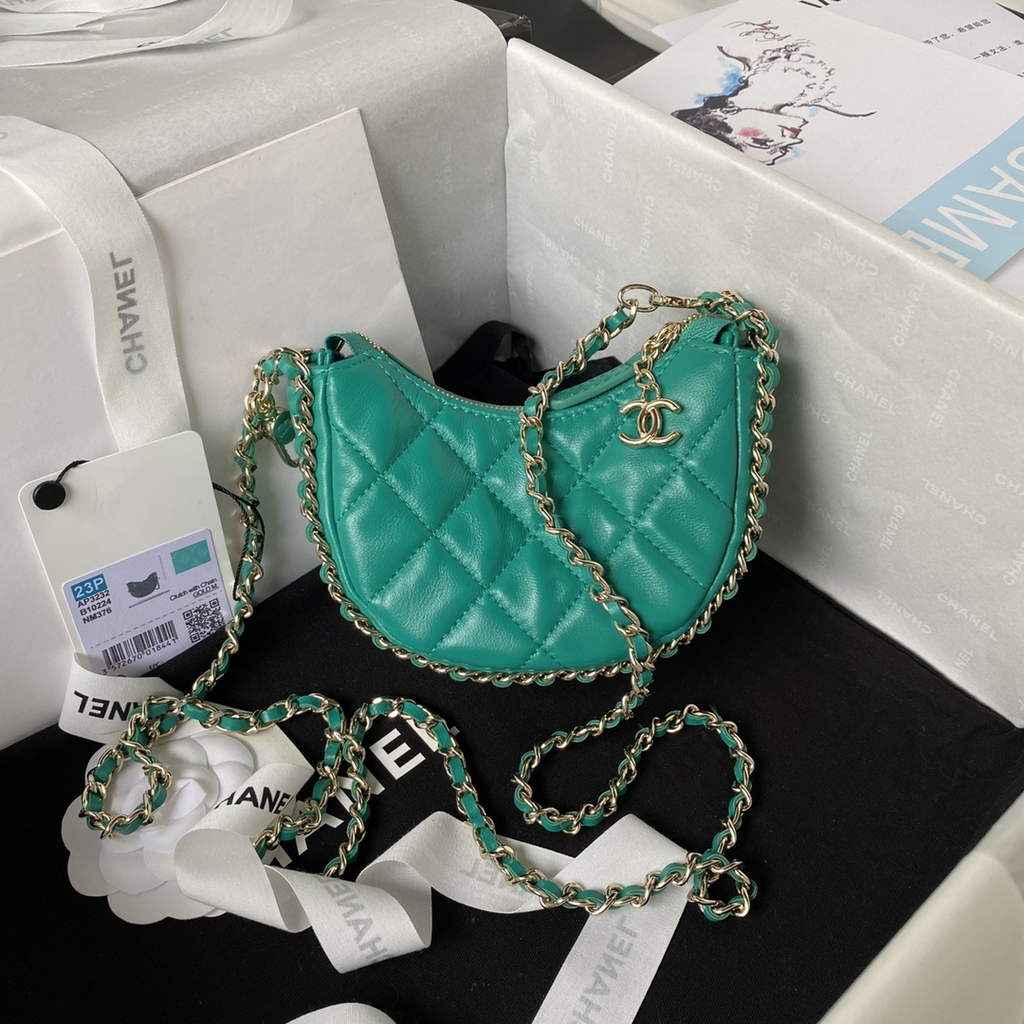 Chanel AP3232 Clutch with Chain Lambskin Shiny Light Gold Green