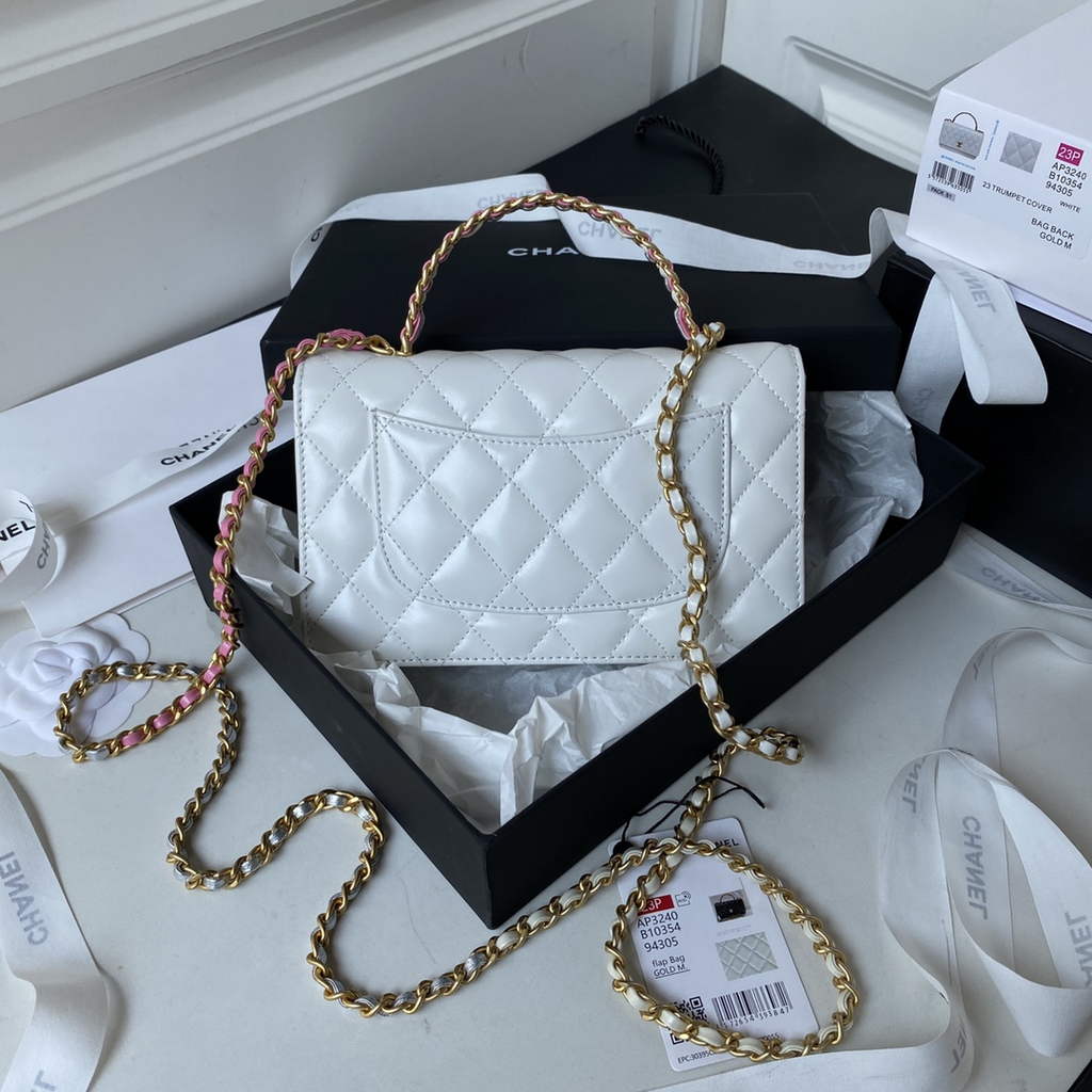 Chanel AP3240 Mini Flap Bag with Top Handle Shiny Calfskin Gold White
