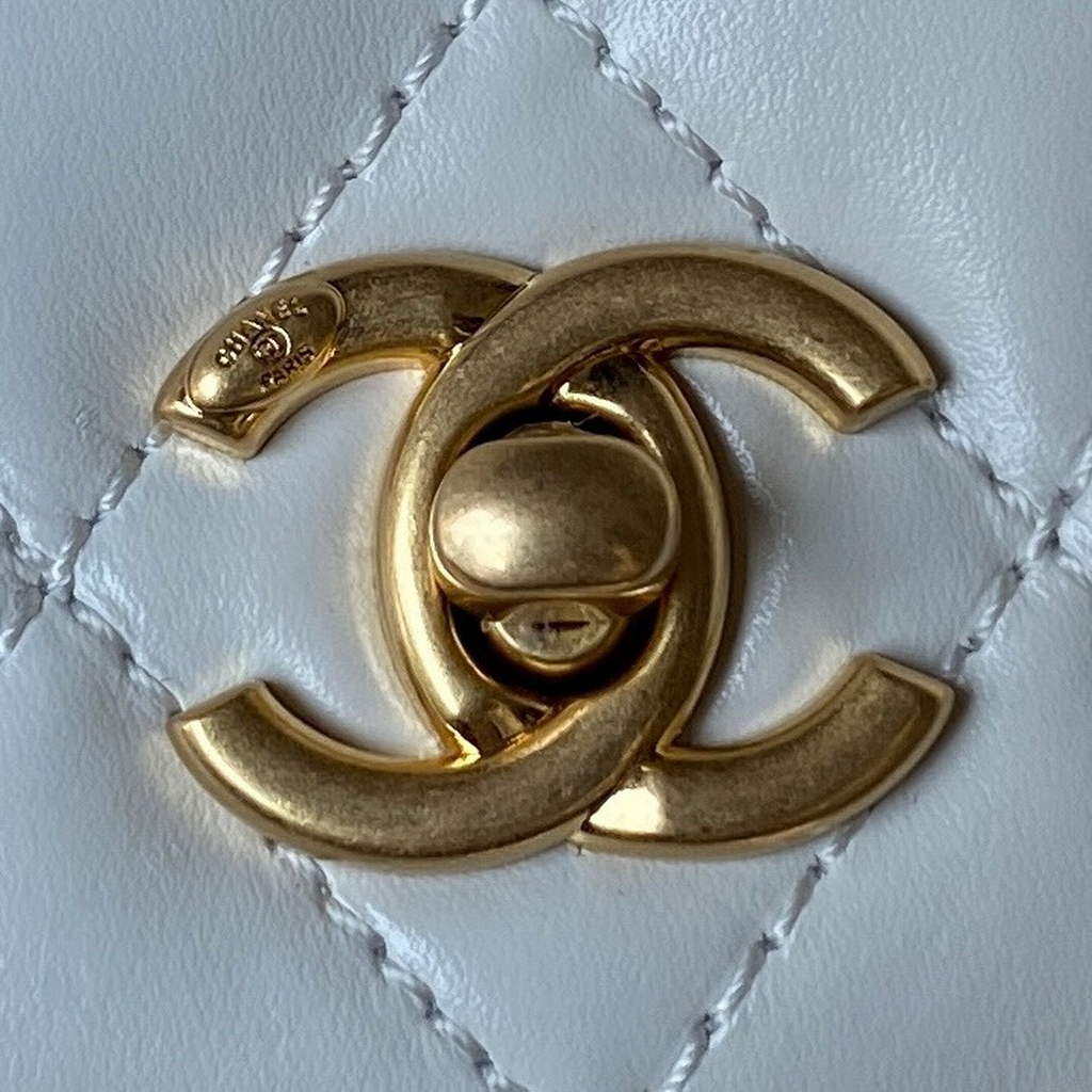 Chanel AP3240 Mini Flap Bag with Top Handle Shiny Calfskin Gold White