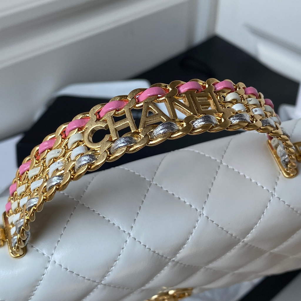 Chanel AP3240 Mini Flap Bag with Top Handle Shiny Calfskin Gold White