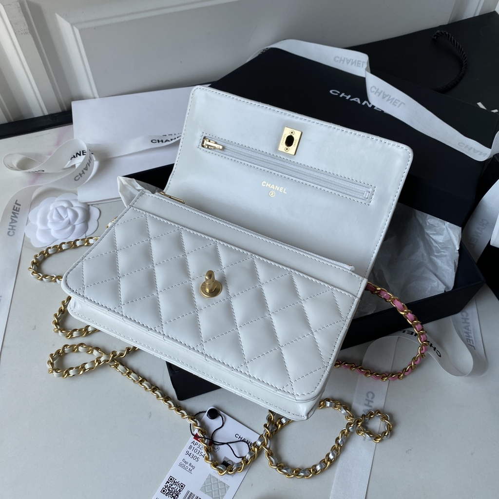 Chanel AP3240 Mini Flap Bag with Top Handle Shiny Calfskin Gold White