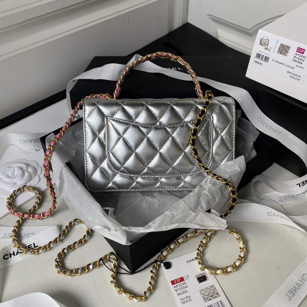 Chanel AP3240 Mini Flap Bag with Top Handle Shiny Calfskin Gold Silver