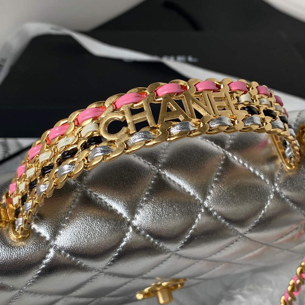 Chanel AP3240 Mini Flap Bag with Top Handle Shiny Calfskin Gold Silver