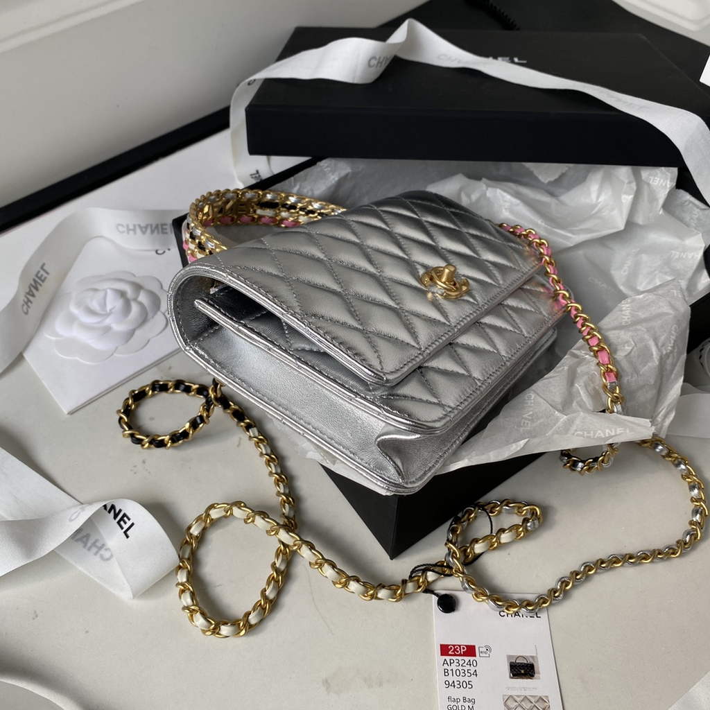 Chanel AP3240 Mini Flap Bag with Top Handle Shiny Calfskin Gold Silver