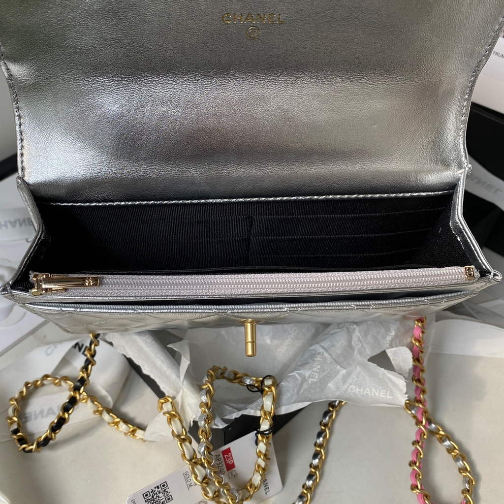 Chanel AP3240 Mini Flap Bag with Top Handle Shiny Calfskin Gold Silver
