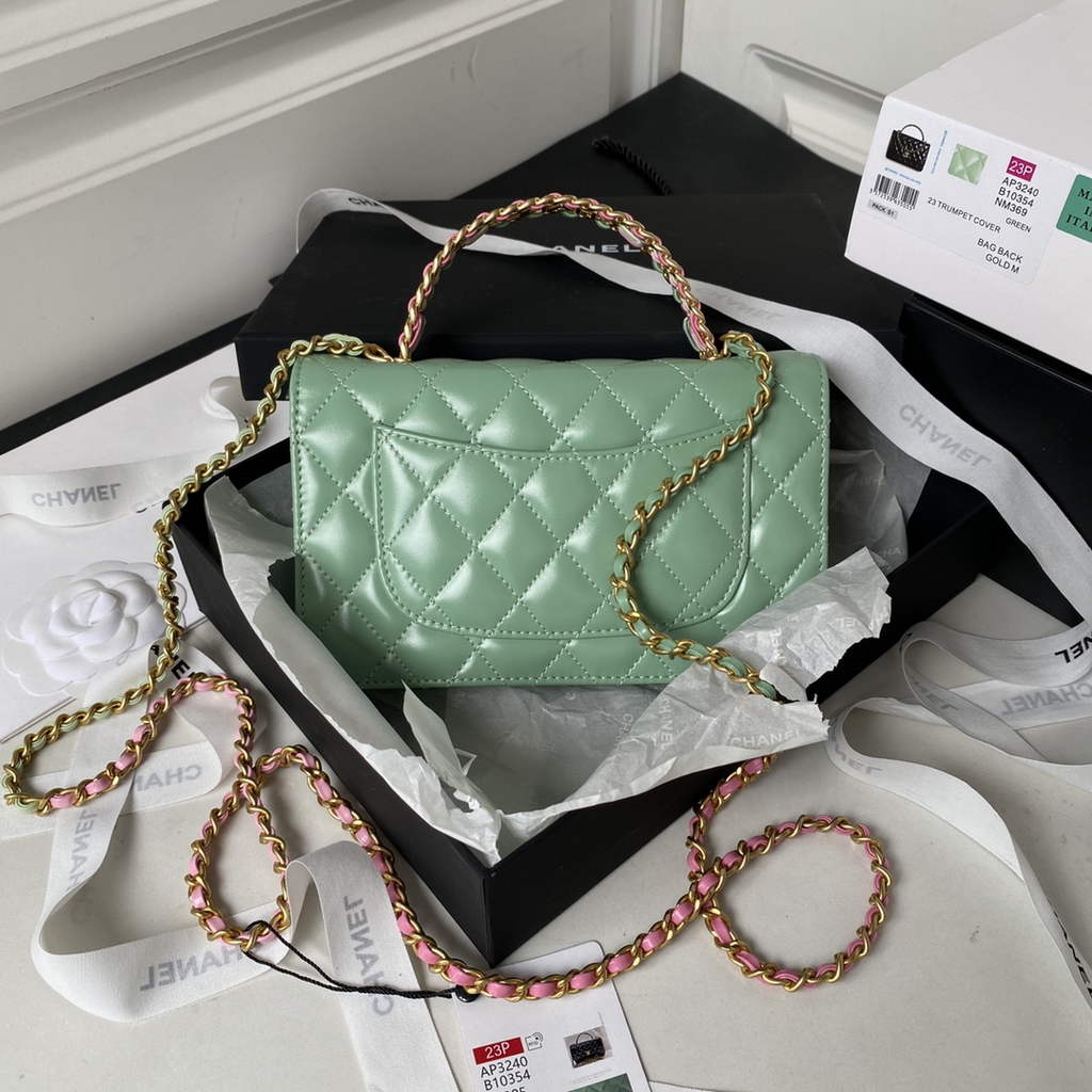 Chanel AP3240 Mini Flap Bag with Top Handle Shiny Calfskin Gold Light Green
