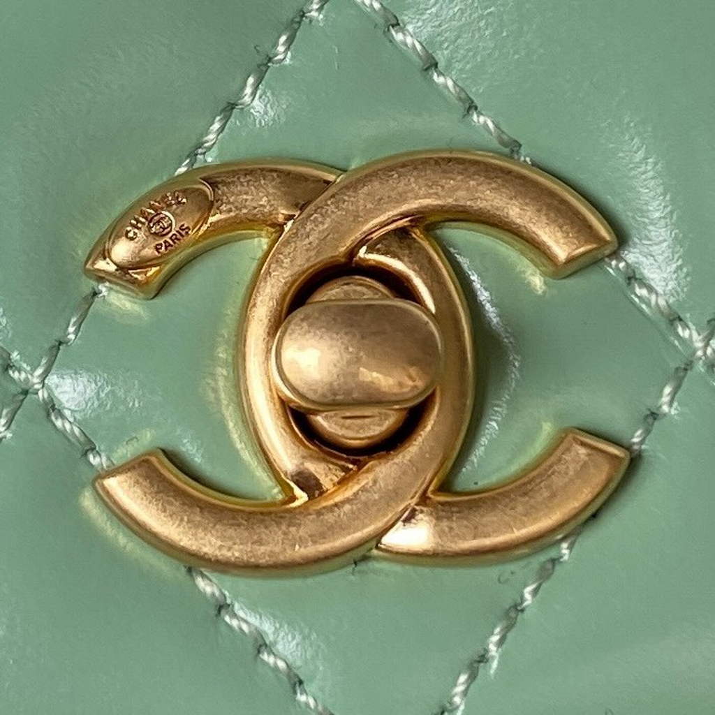 Chanel AP3240 Mini Flap Bag with Top Handle Shiny Calfskin Gold Light Green