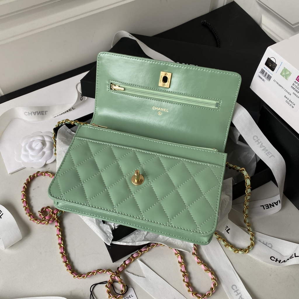 Chanel AP3240 Mini Flap Bag with Top Handle Shiny Calfskin Gold Light Green