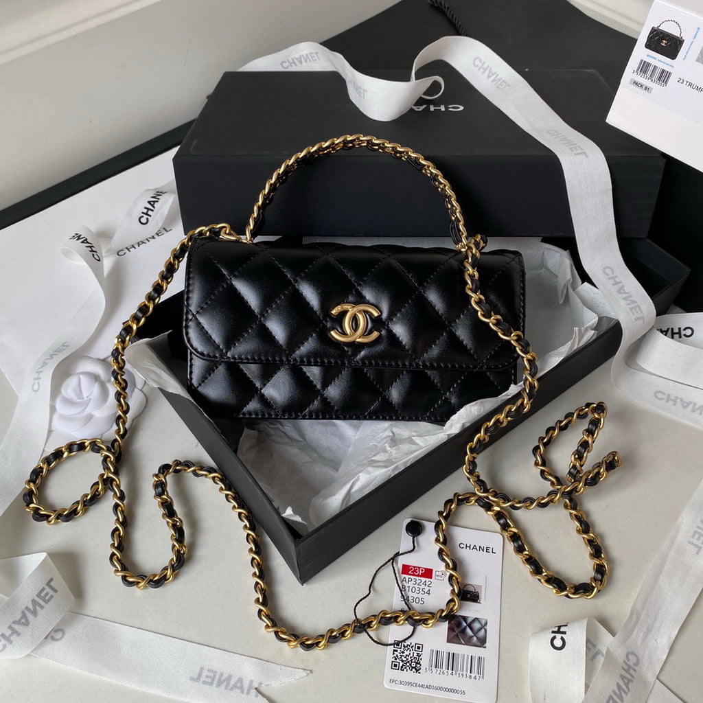 Chanel AP3242 Flap Phone Holder with Chain Shiny Calfskin Black