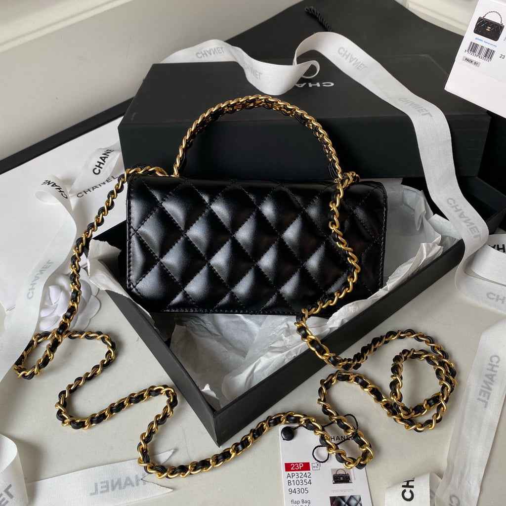 Chanel AP3242 Flap Phone Holder with Chain Shiny Calfskin Black