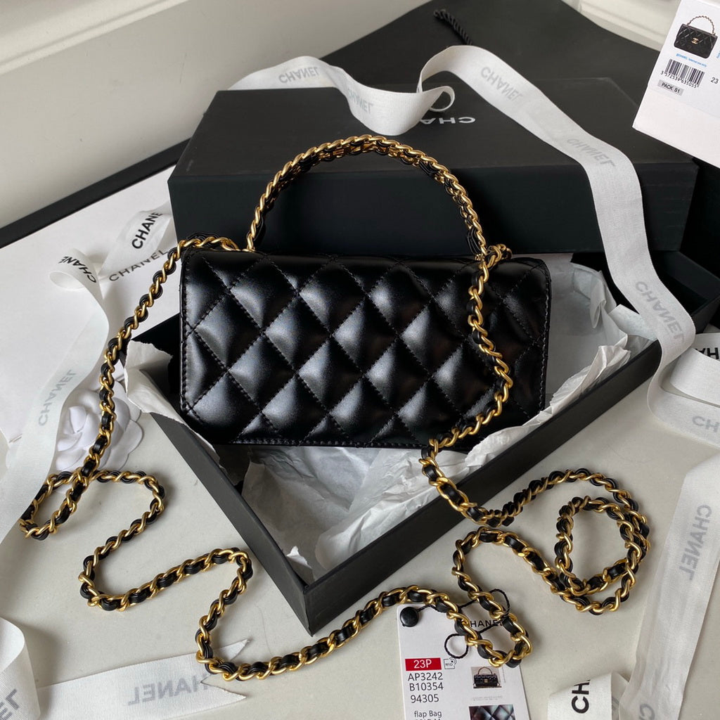 Chanel AP3242 Flap Phone Holder with Chain Shiny Calfskin Black