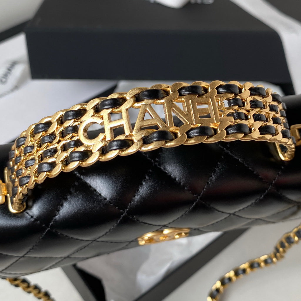 Chanel AP3242 Flap Phone Holder with Chain Shiny Calfskin Black