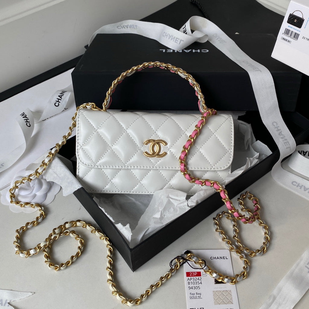 Chanel AP3242 Flap Phone Holder with Chain Shiny Calfskin White