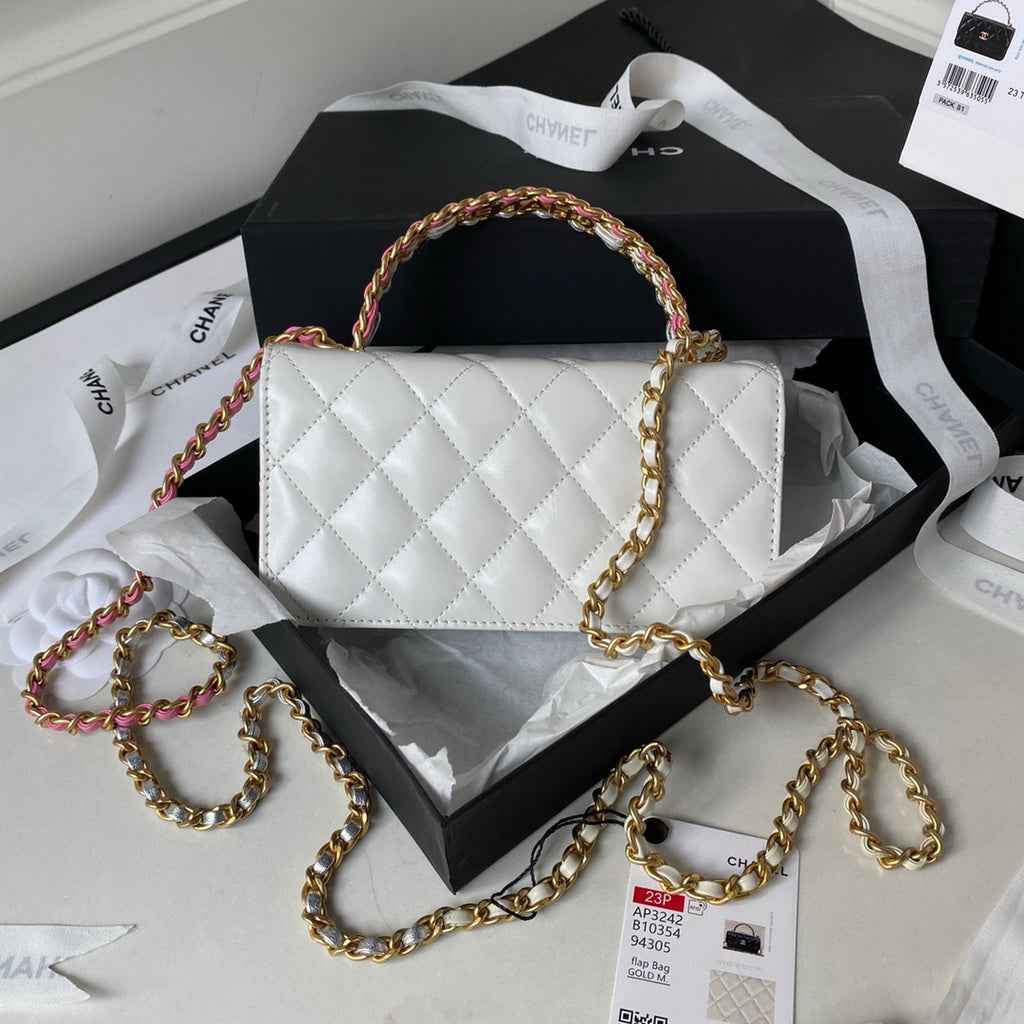 Chanel AP3242 Flap Phone Holder with Chain Shiny Calfskin White