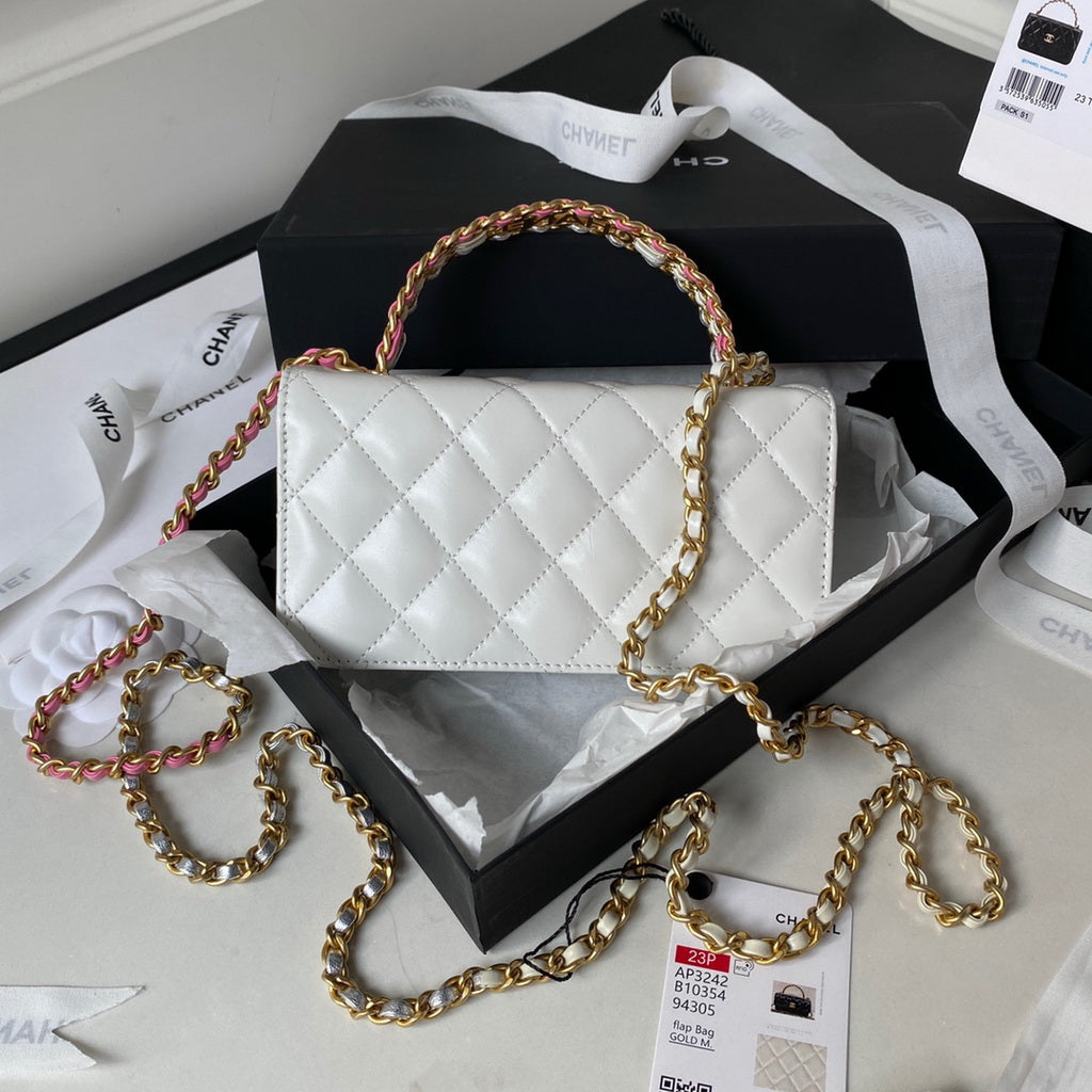 Chanel AP3242 Flap Phone Holder with Chain Shiny Calfskin White