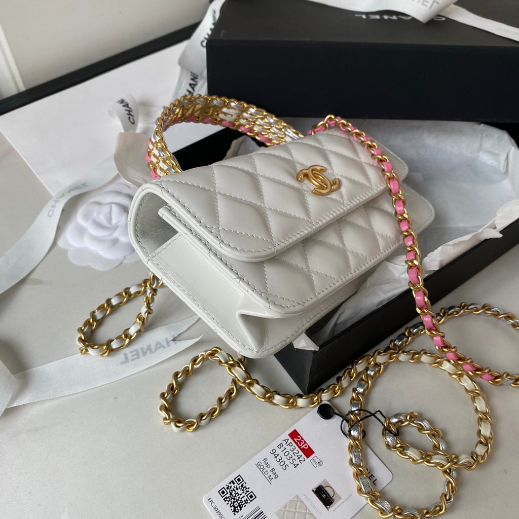 Chanel AP3242 Flap Phone Holder with Chain Shiny Calfskin White