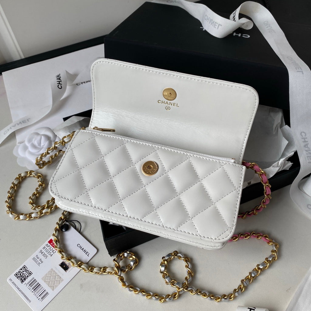 Chanel AP3242 Flap Phone Holder with Chain Shiny Calfskin White