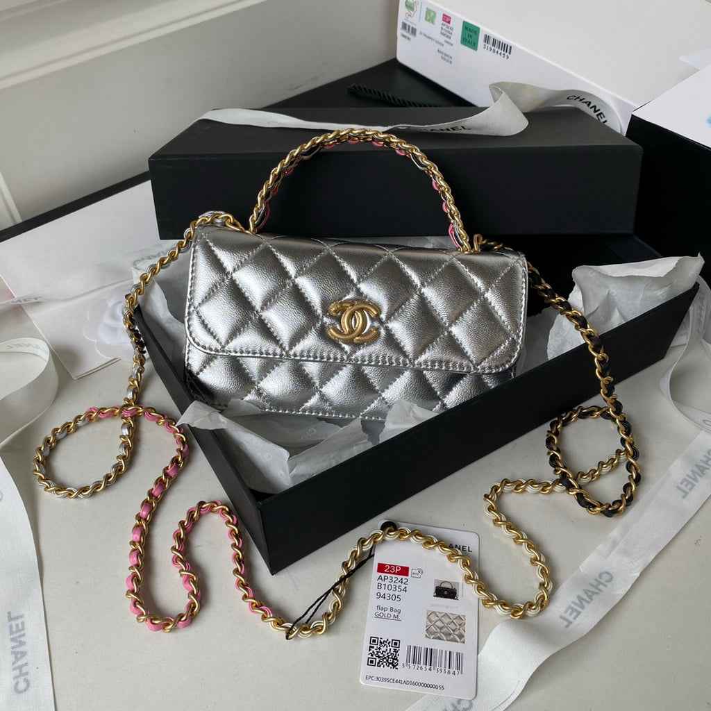 Chanel AP3242 Flap Phone Holder with Chain Shiny Calfskin Silver