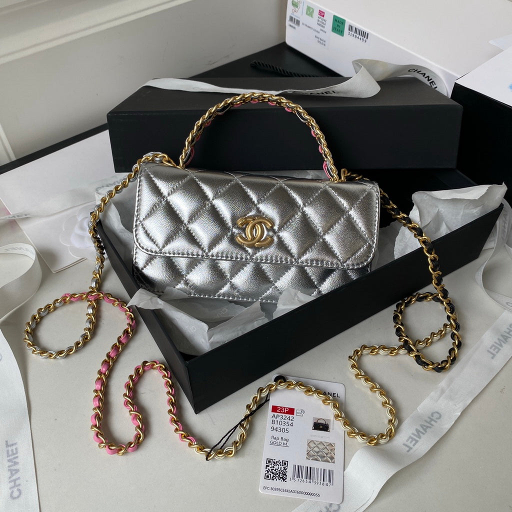 Chanel AP3242 Flap Phone Holder with Chain Shiny Calfskin Silver