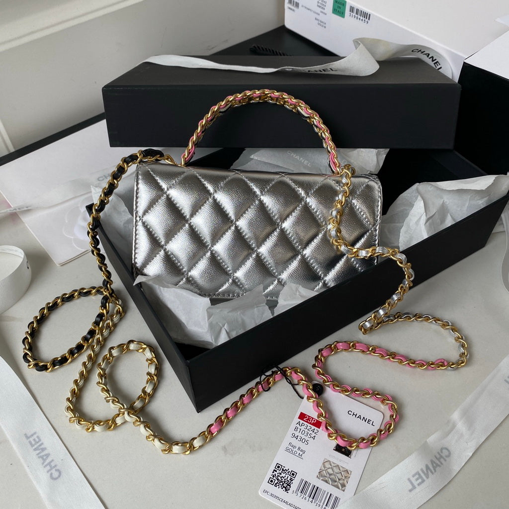 Chanel AP3242 Flap Phone Holder with Chain Shiny Calfskin Silver