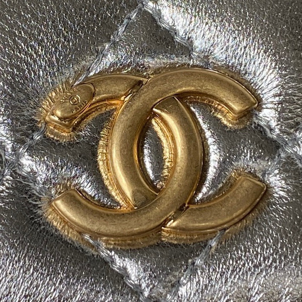 Chanel AP3242 Flap Phone Holder with Chain Shiny Calfskin Silver