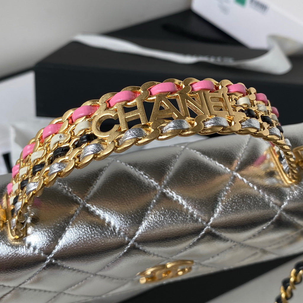 Chanel AP3242 Flap Phone Holder with Chain Shiny Calfskin Silver