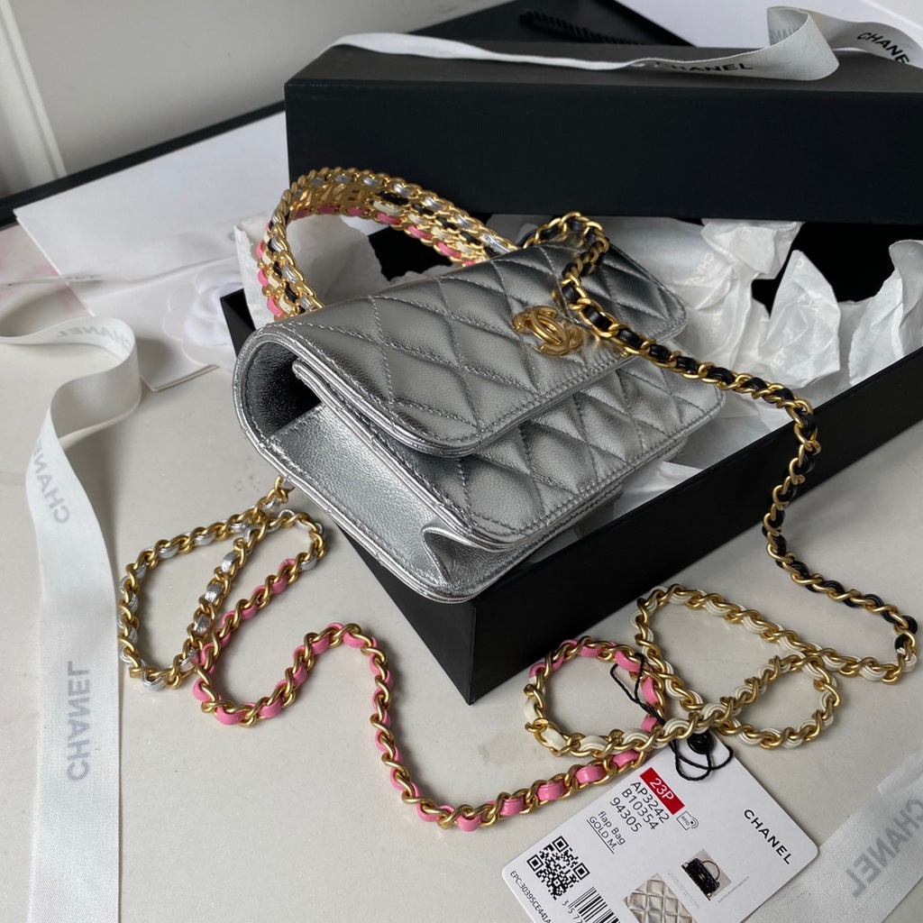Chanel AP3242 Flap Phone Holder with Chain Shiny Calfskin Silver