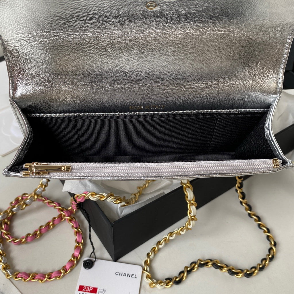Chanel AP3242 Flap Phone Holder with Chain Shiny Calfskin Silver