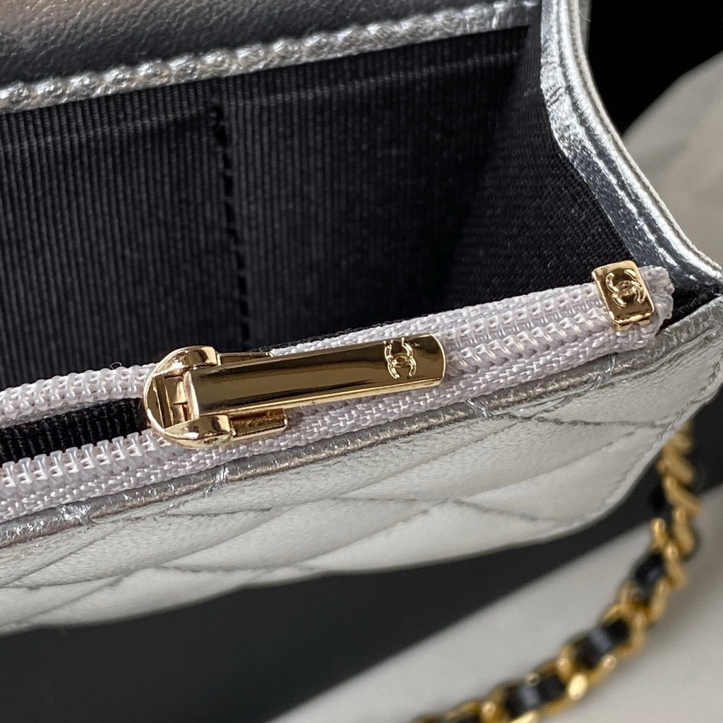 Chanel AP3242 Flap Phone Holder with Chain Shiny Calfskin Silver