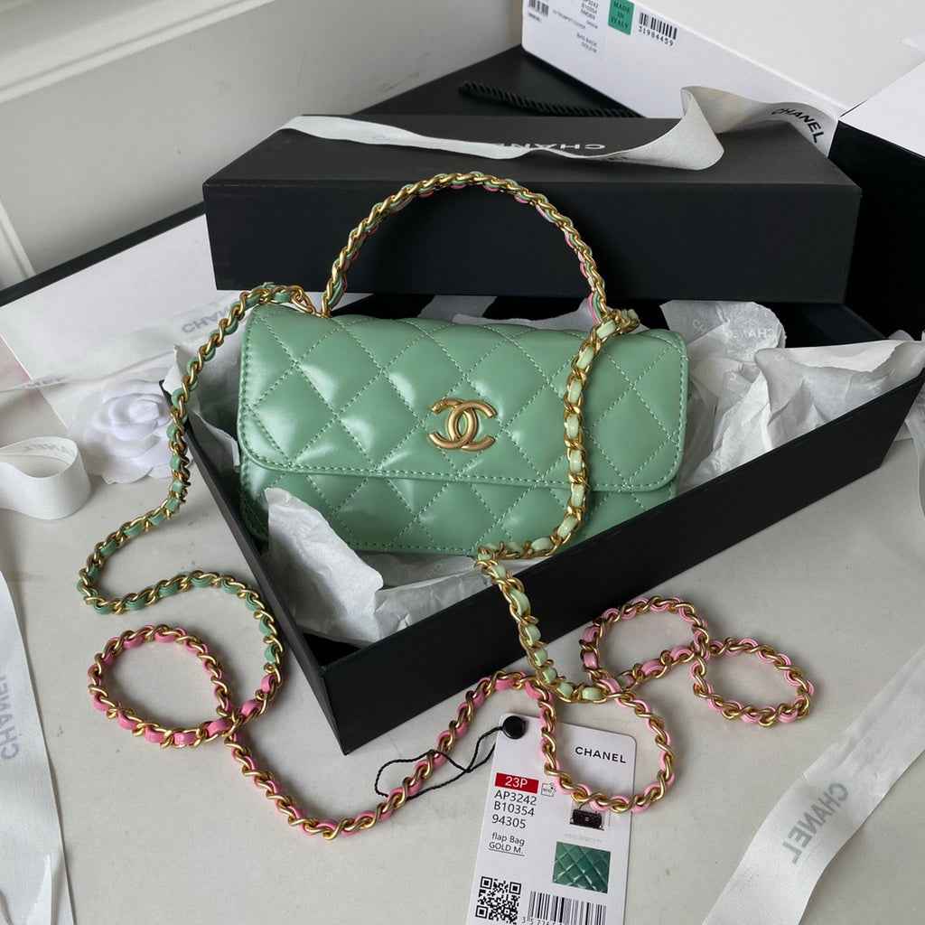 Chanel AP3242 Flap Phone Holder with Chain Shiny Calfskin Green