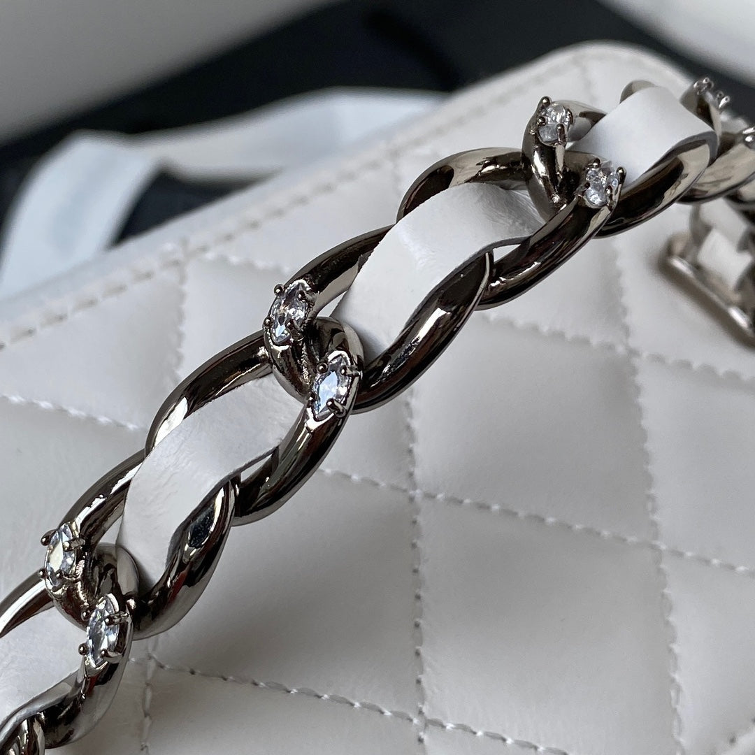 Chanel AP3593 Shiny crumpled calfskin strass  Ruthenium-Finish Metal White