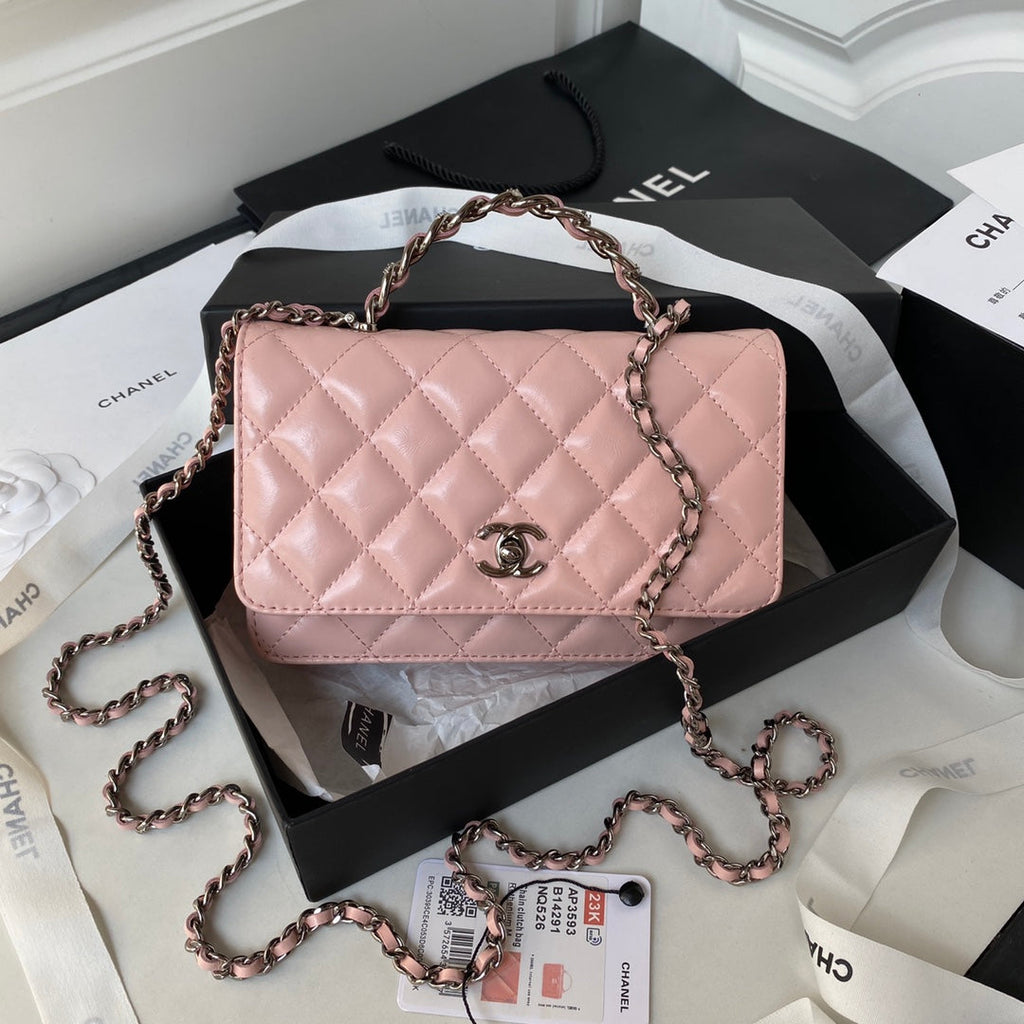 Chanel AP3645 Wallet on chain Shiny Crumpled Calfskin Strass Metal Pink