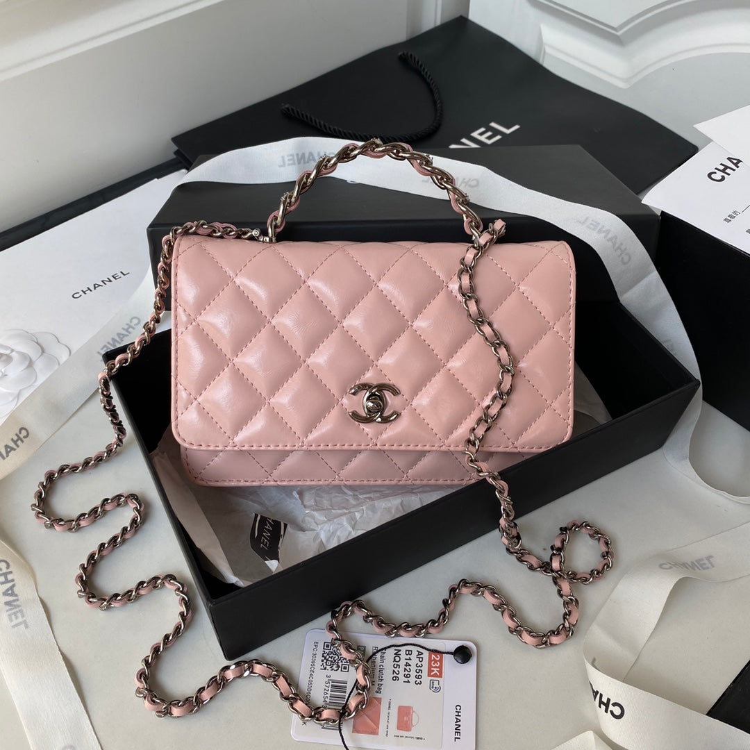 Chanel AP3645 Wallet on chain Shiny Crumpled Calfskin Strass Metal Pink