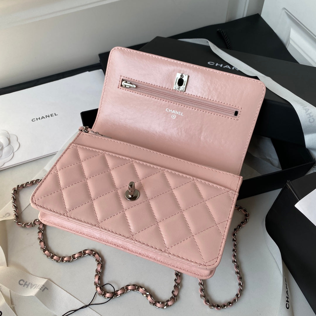 Chanel AP3645 Wallet on chain Shiny Crumpled Calfskin Strass Metal Pink