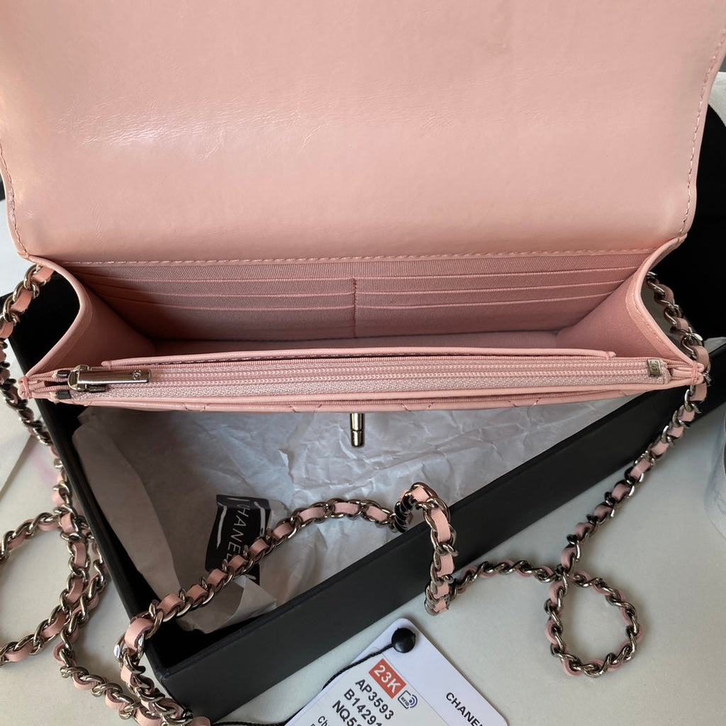 Chanel AP3645 Wallet on chain Shiny Crumpled Calfskin Strass Metal Pink