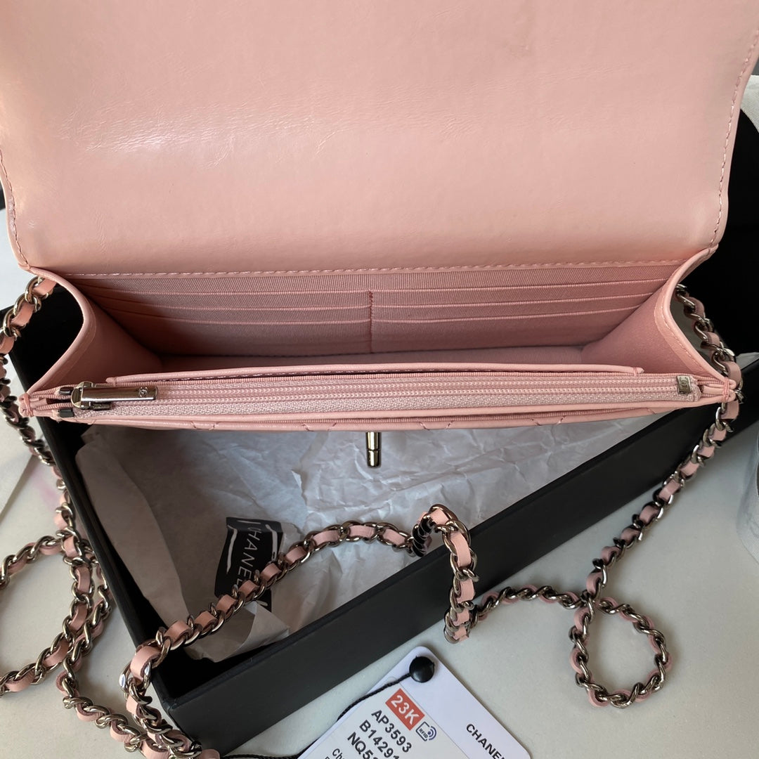 Chanel AP3645 Wallet on chain Shiny Crumpled Calfskin Strass Metal Pink