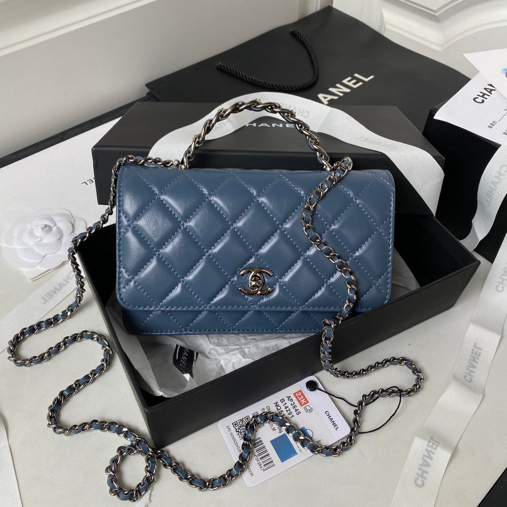 Chanel AP3645 Wallet on chain Shiny Crumpled Calfskin Strass Metal Blue