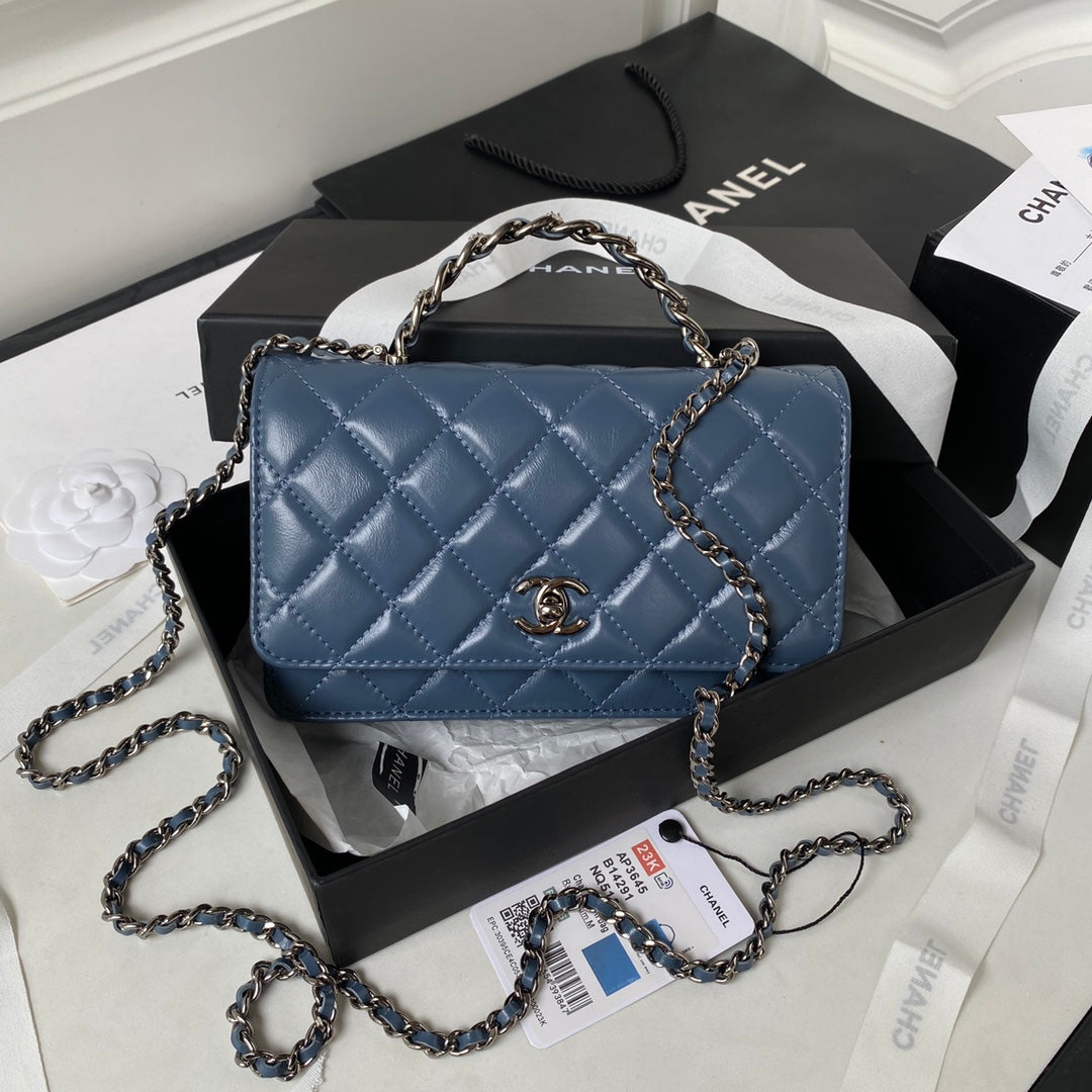Chanel AP3645 Wallet on chain Shiny Crumpled Calfskin Strass Metal Blue