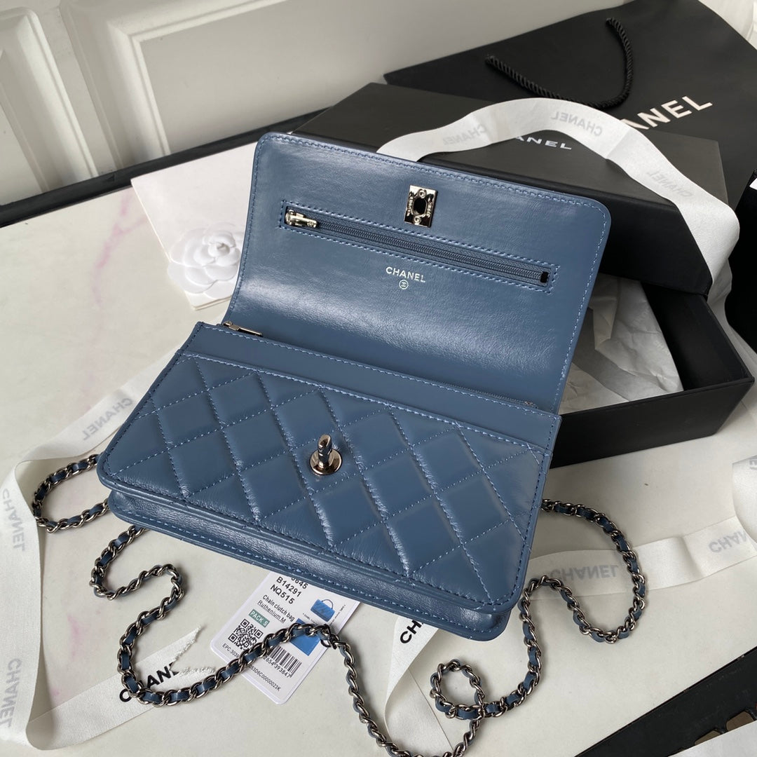 Chanel AP3645 Wallet on chain Shiny Crumpled Calfskin Strass Metal Blue