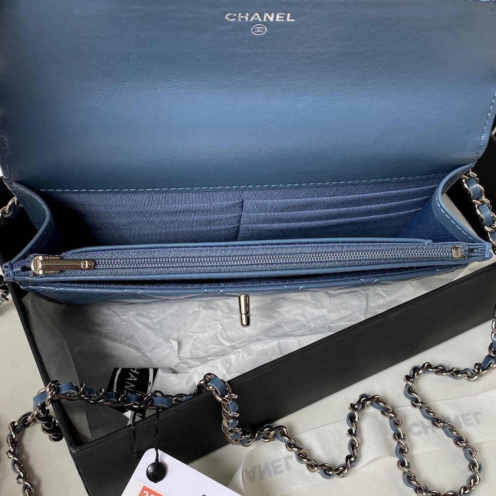 Chanel AP3645 Wallet on chain Shiny Crumpled Calfskin Strass Metal Blue