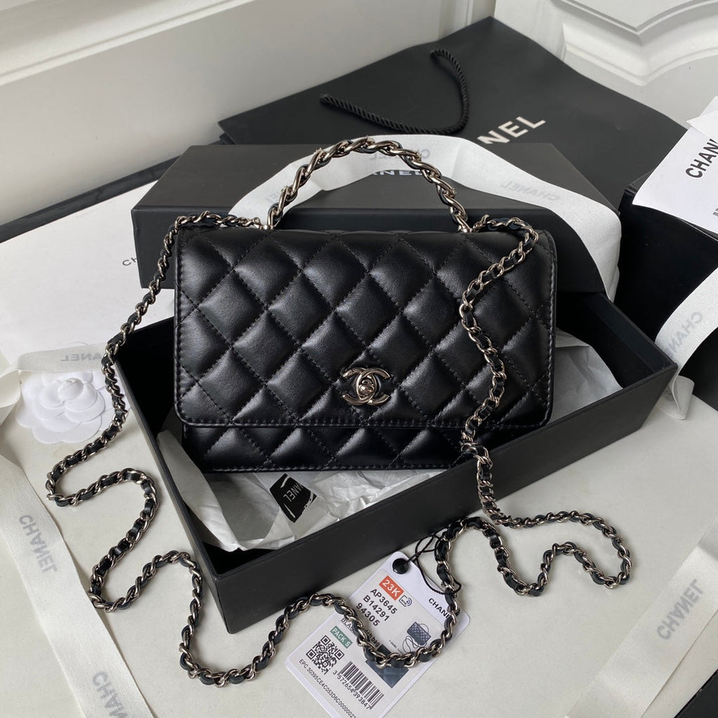 Chanel AP3645 Wallet on chain Shiny Crumpled Calfskin Strass Metal Black