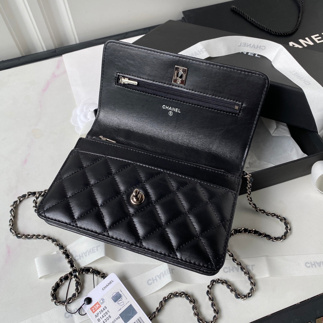 Chanel AP3645 Wallet on chain Shiny Crumpled Calfskin Strass Metal Black