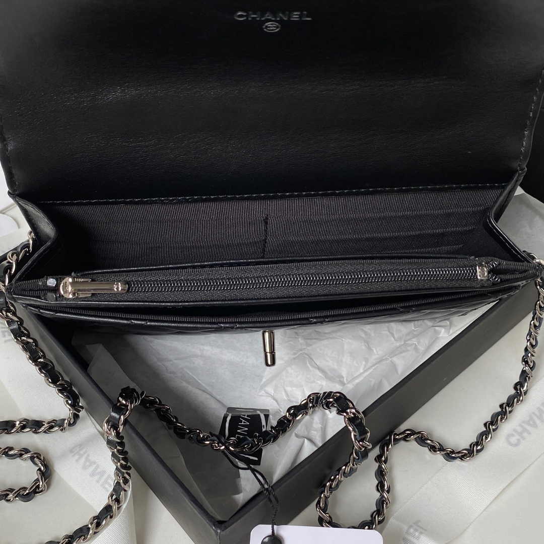 Chanel AP3645 Wallet on chain Shiny Crumpled Calfskin Strass Metal Black