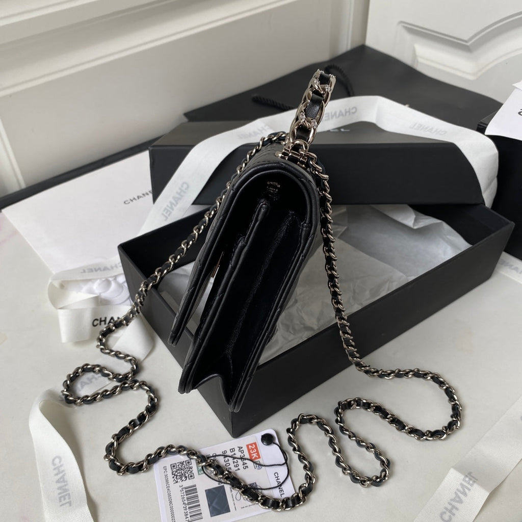 Chanel AP3645 Wallet on chain Shiny Crumpled Calfskin Strass Metal Black