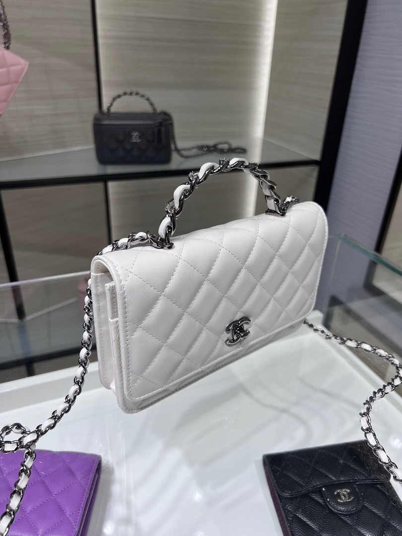 Chanel AP3645 Wallet on chain Shiny Crumpled Calfskin Strass Metal White