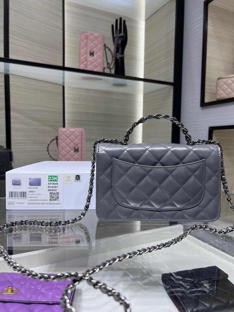 Chanel AP3645 Wallet on chain Shiny Crumpled Calfskin Strass Metal Gray