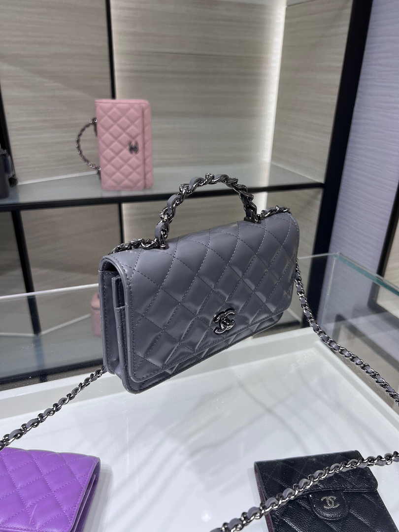 Chanel AP3645 Wallet on chain Shiny Crumpled Calfskin Strass Metal Gray