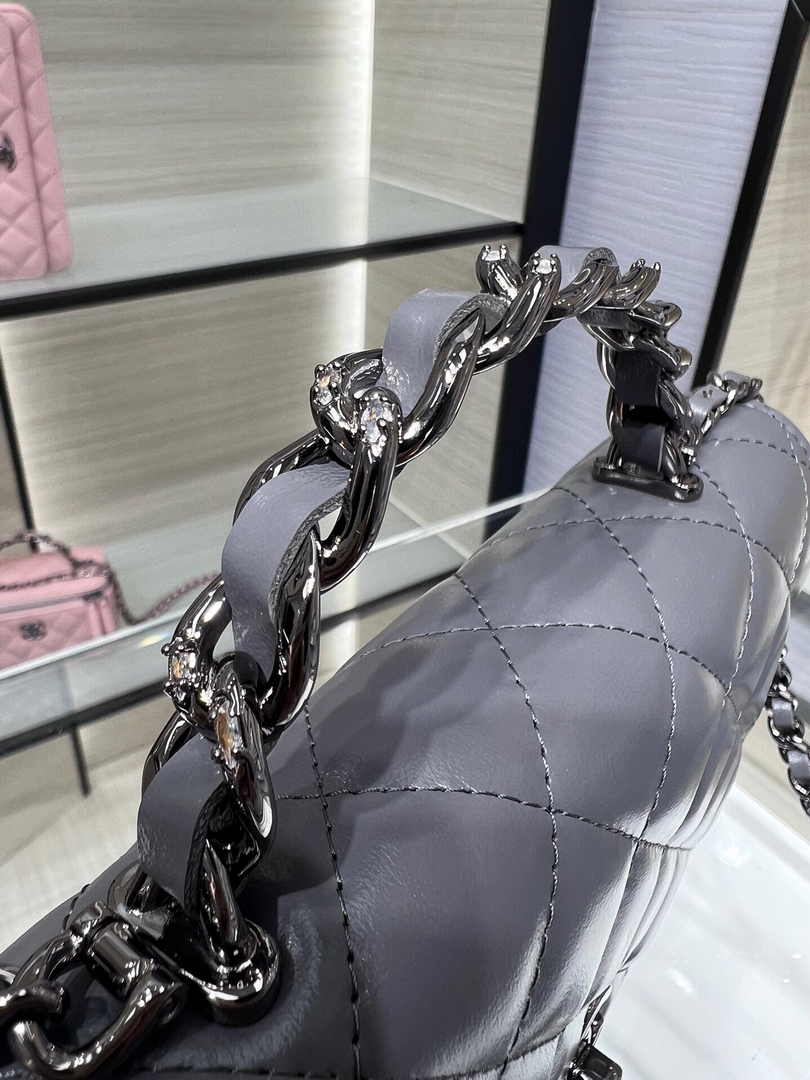 Chanel AP3645 Wallet on chain Shiny Crumpled Calfskin Strass Metal Gray