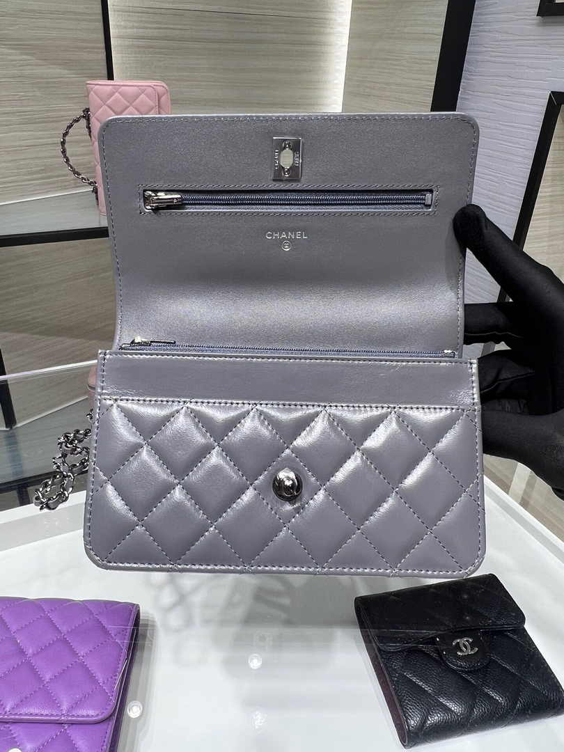 Chanel AP3645 Wallet on chain Shiny Crumpled Calfskin Strass Metal Gray