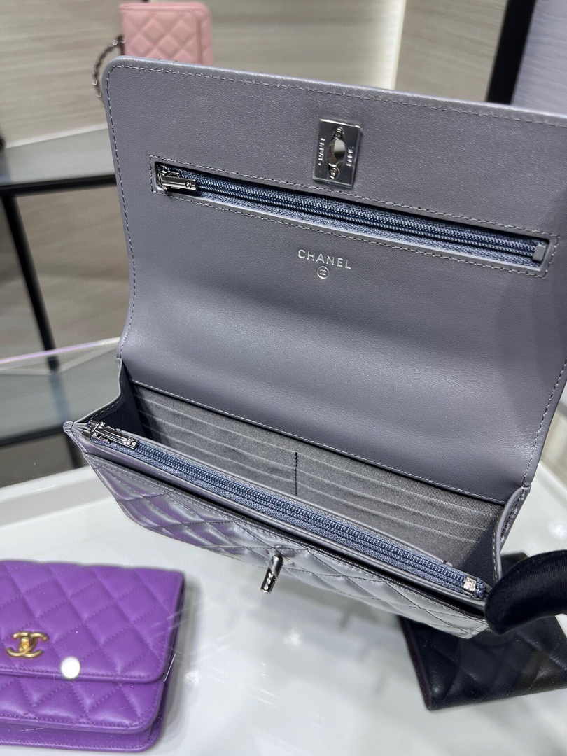 Chanel AP3645 Wallet on chain Shiny Crumpled Calfskin Strass Metal Gray